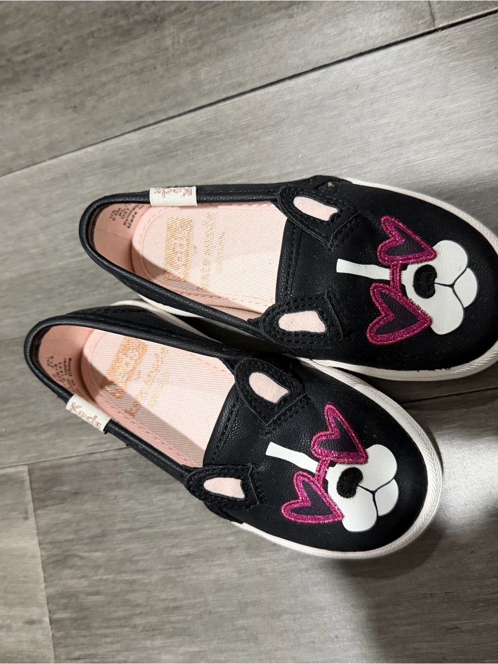 Girls Black Slip-On Sneakers with Pink Heart Sunglasses French Bulldog Accent